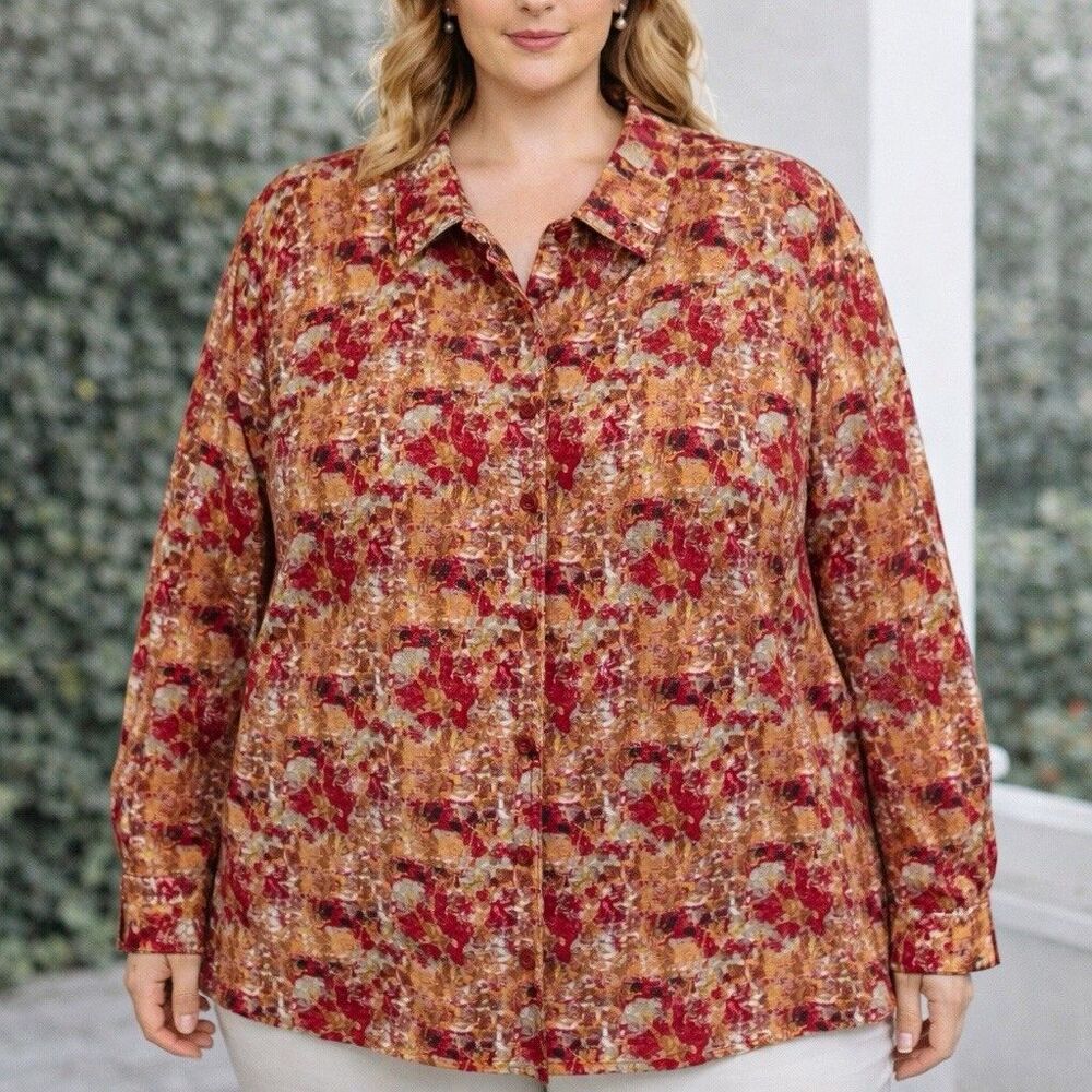 CJ Banks Jacket  Plus 2X Artsy Lightweight Red Gold Statement Artsy Button Coat